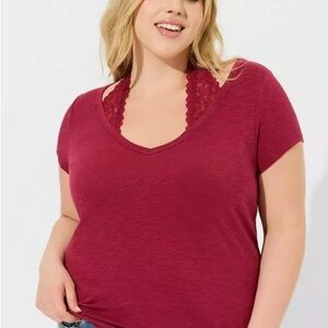 Women's V-Neck Lace Trim Top - Burgundy